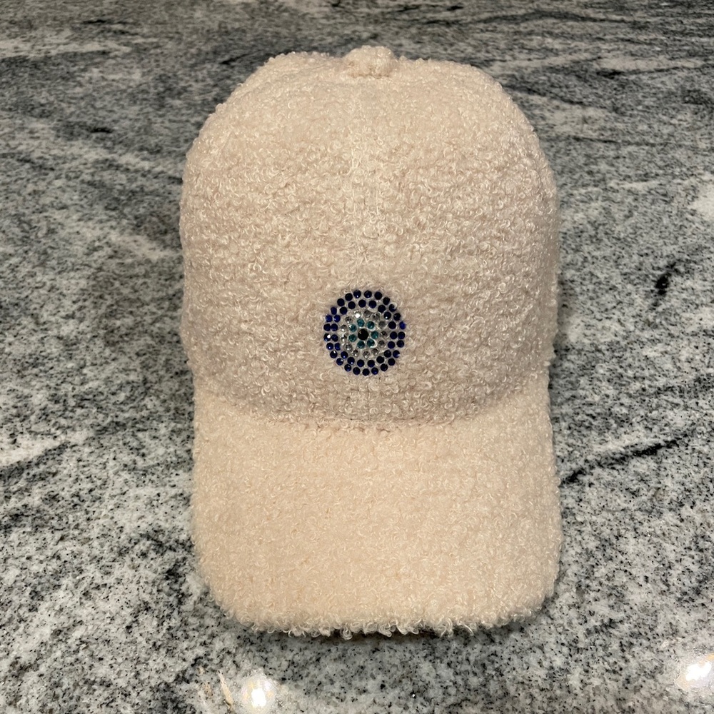 New Ivory Teddy Baseball Cap with Sequined Evil Eye, Adjustable.